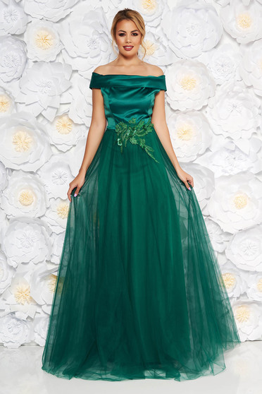 Rochie Artista verde-inchis de ocazie din tul si material satinat cu aplicatii de dantela cu perle captusita pe interior
