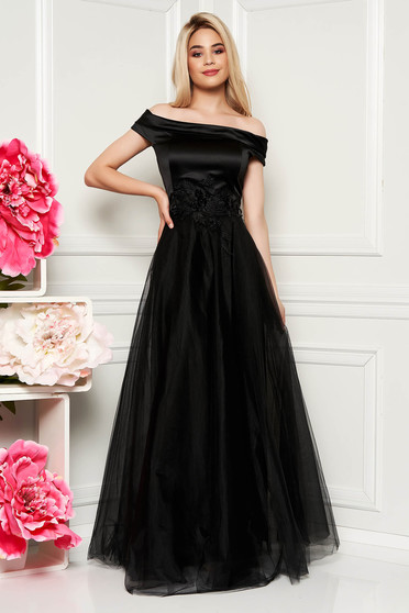 Rochie Artista neagra de ocazie din tul si material satinat cu aplicatii de dantela cu perle captusita pe interior