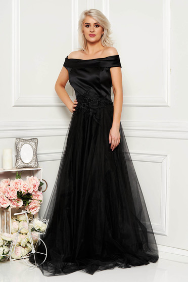 Rochie Artista neagra de ocazie din tul si material satinat cu aplicatii de dantela cu perle captusita pe interior