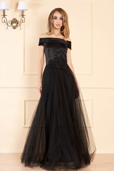 Rochie Artista neagra de ocazie din tul si material satinat cu aplicatii de dantela cu perle captusita pe interior