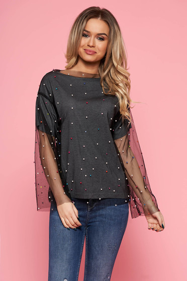 Bluza dama SunShine gri casual cu croi larg din tul captusita pe interior cu aplicatii cu margele