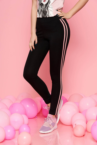 Colanti negri cu dungi rosa SunShine casual sport cu talie medie din bumbac usor elastic cu un croi mulat