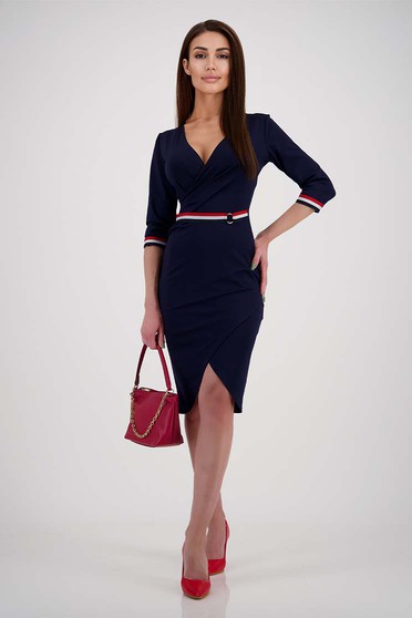 Online Dresses, Dark blue dress crepe pencil wrap over front - StarShinerS - StarShinerS.com