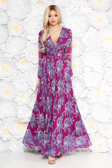 Rochie mov lunga in clos cu maneci lungi cu imprimeuri florale cu elastic in talie