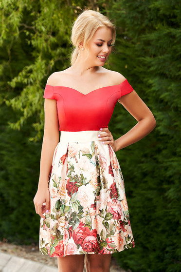 Rochie StarShinerS rosie scurta de ocazie in clos din satin cu imprimeu floral si cordon detasabil