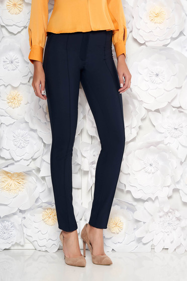 Pantaloni LaDonna albastri-inchis office conici cu talie medie din material usor elastic cu buzunare false