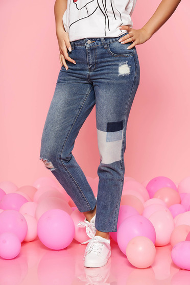 Blugi Top Secret albastri casual cu talie medie cu un croi drept