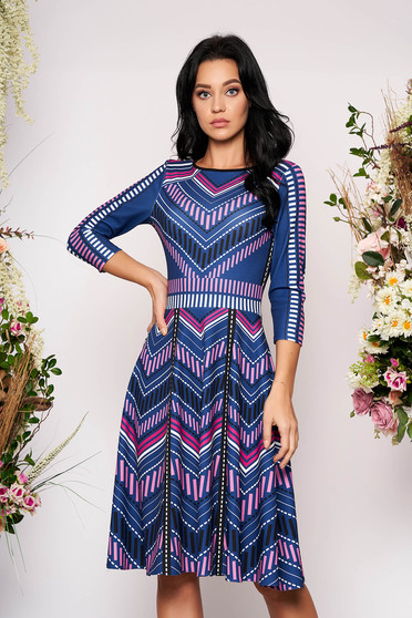 Rochie StarShinerS albastra in clos din material elastic cu print CUSTOM MADE