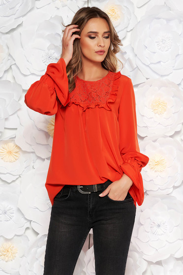 Bluza dama LaDonna rosie cu maneci clopot cu croi larg eleganta cu croi larg cu maneci clopot guler cu volanase din dantela
