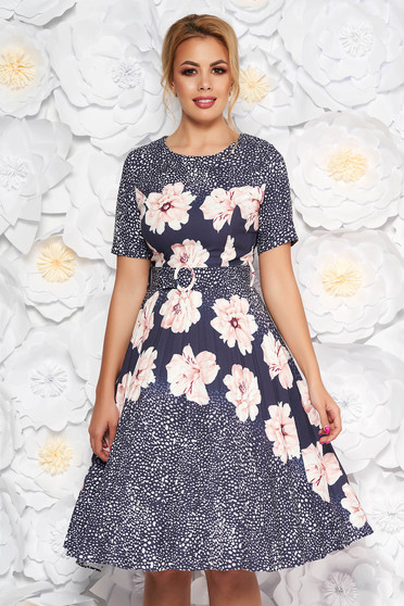 Rochie Fofy rosa de zi in clos din material usor elastic cu imprimeu floral cu accesoriu tip curea