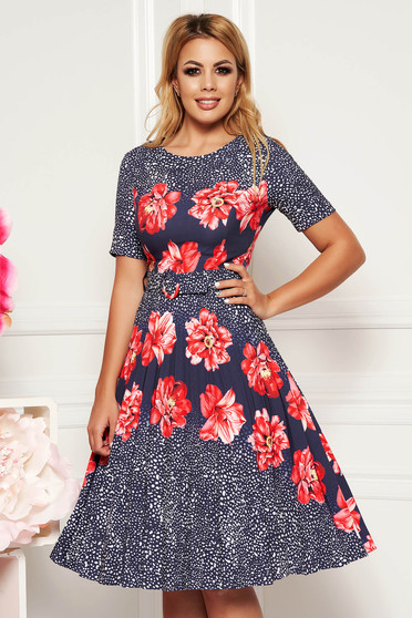 Rochie Fofy corai de zi in clos din material usor elastic cu imprimeu floral cu accesoriu tip curea