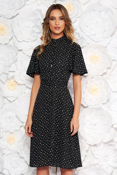 Rochie StarShinerS neagra de zi in clos din voal cu buline accesorizata cu cordon