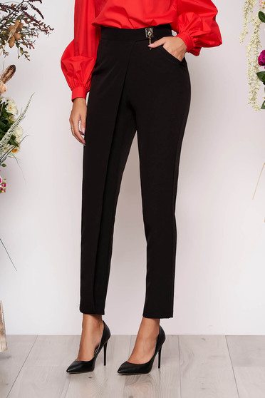 PrettyGirl black elegant high waisted trousers slightly elastic fabric with metalic accessory