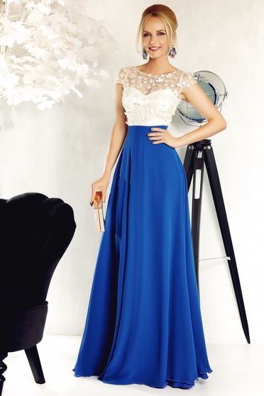 Rochie Fofy albastra de ocazie in clos din voal captusita pe interior cu aplicatii florale cu efect 3d