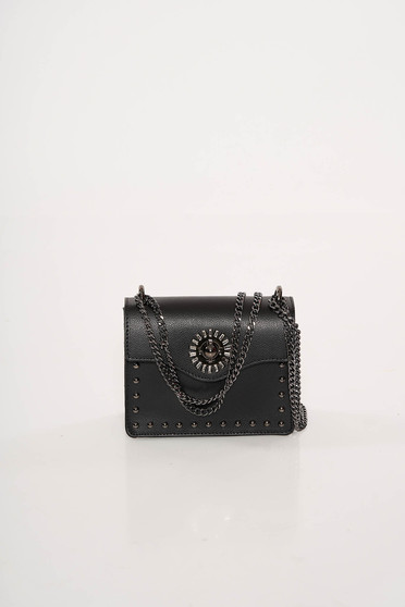 Black bag natural leather with metallic spikes long chain handle leather