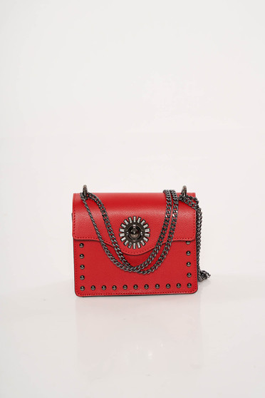 Red bag natural leather with metallic spikes long chain handle leather