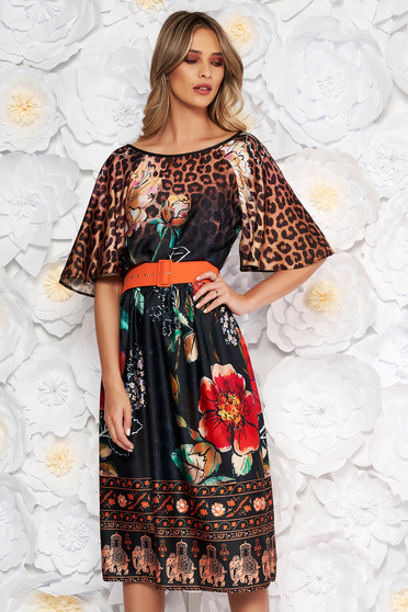 Rochie StarShinerS neagra de zi in clos cu maneci scurte cu accesoriu tip curea