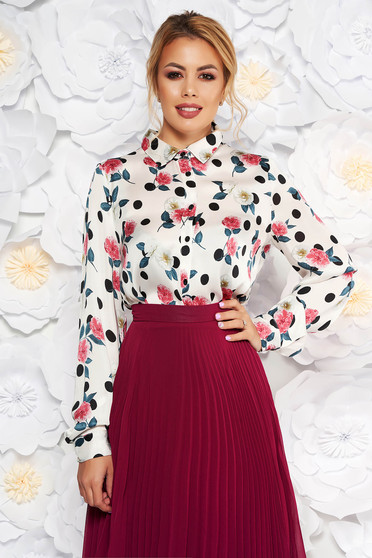 Camasa dama StarShinerS alba eleganta cu croi larg din material satinat cu imprimeu floral
