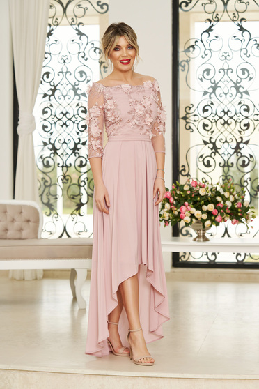 Rochie StarShinerS rosa de ocazie asimetrica in clos accesorizata cu cordon