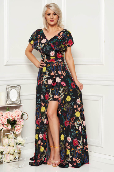 Rochie StarShinerS neagra de ocazie in clos cu decolteu in v volanase pe linia decolteului si la baza cu imprimeu floral