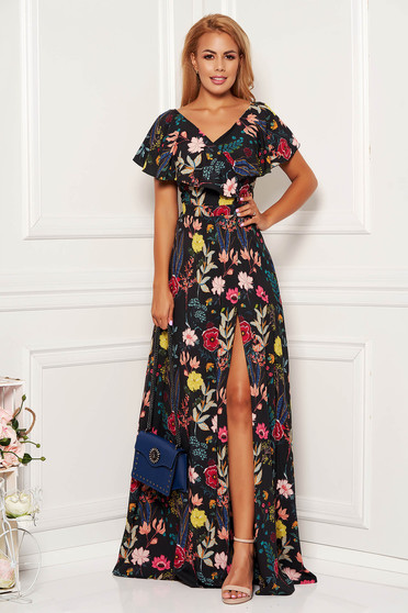 Rochie StarShinerS neagra de ocazie in clos cu decolteu in v cu volanase si imprimeu floral