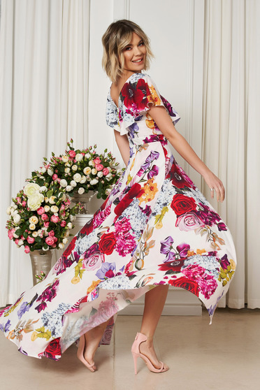 Rochie StarShinerS alba de ocazie in clos cu decolteu in v cu volanase si imprimeu floral