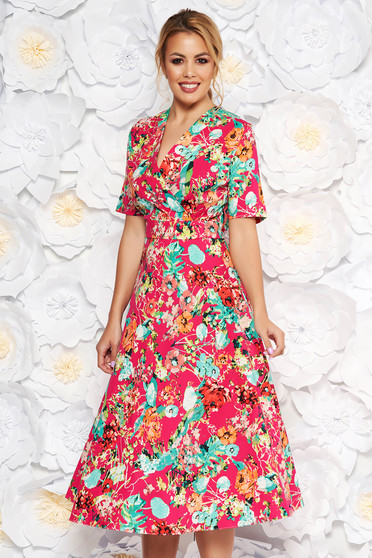 Rochie rosie de zi midi cu decolteu in v din material vaporos cu imprimeu floral