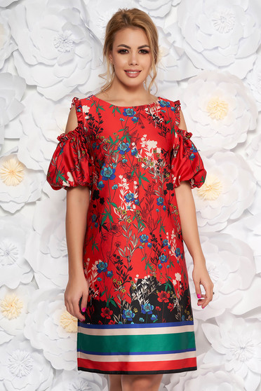 Rochie rosie eleganta cu un croi drept din material satinat captusita pe interior cu umeri decupati