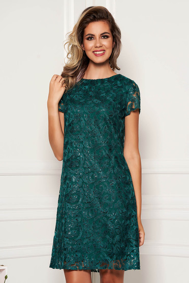 Rochie verde-inchis eleganta de ocazie din dantela cu croi larg cu aplicatii cu paiete captusita pe interior