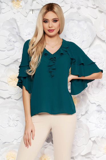 Bluza dama verde-inchis eleganta din voal cu decolteu cu volanase cu croi larg