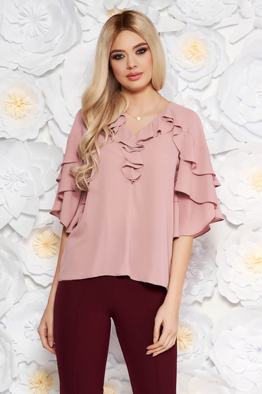 Bluza dama roz deschis eleganta din voal cu decolteu cu volanase cu croi larg