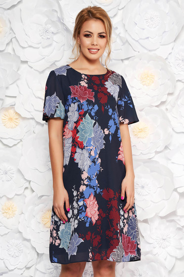 Rochie albastra-inchis eleganta din material subtire cu imprimeuri florale