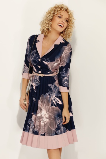 Rochie Fofy albastru-inchis cu accesoriu tip curea cu decolteu in v cu maneci trei-sferturi croi in clos