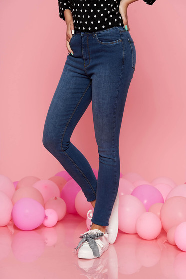 Blugi albastri Top Secret casual cu talie medie skinny din bumbac usor elastic