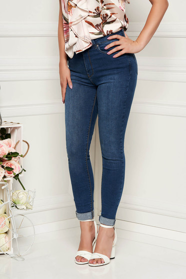 Blugi Top Secret albastri casual cu talie medie skinny din bumbac usor elastic