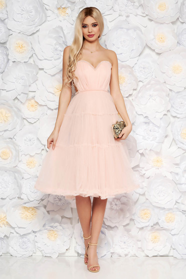 Rochie Ana Radu rosa de lux tip corset cu bust buretat din tul captusita pe interior cu umeri goi