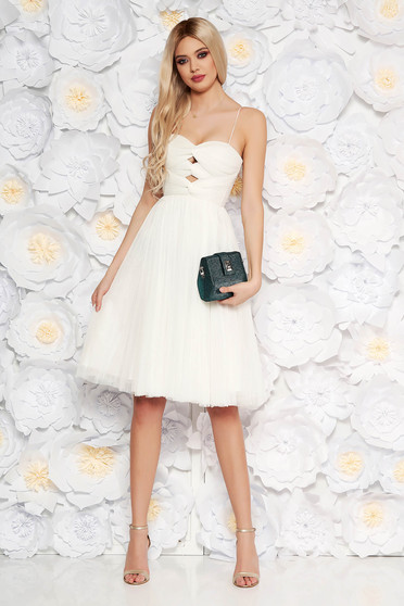 Rochie Ana Radu alba de lux tip corset in clos din tul captusita pe interior decupat la bust