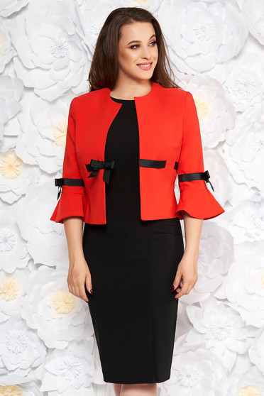 Compleu LaDonna rosu elegant din stofa cu sacou cambrat cu maneci clopot si rochie tip creion