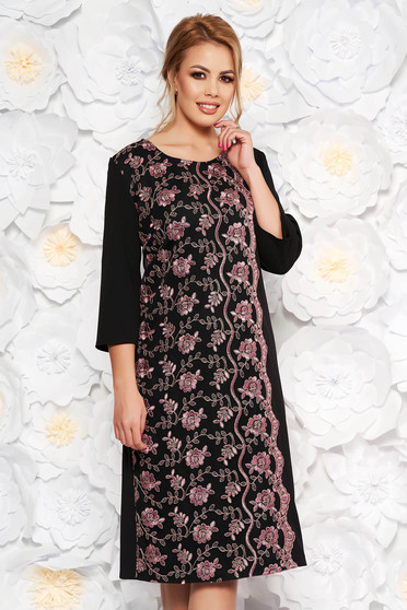 Rochie neagra eleganta midi cu un croi drept din material usor elastic cu aplicatii de dantela
