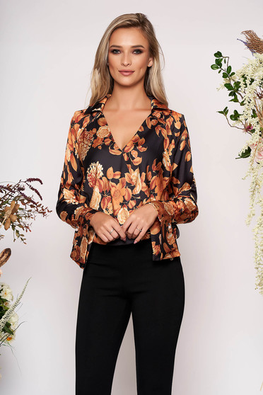 Bluza dama PrettyGirl maro office cu croi larg din material satinat cu imprimeuri florale