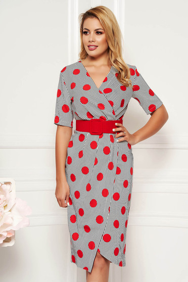Rochie PrettyGirl alba office midi tip creion din material fin la atingere cu accesoriu tip curea