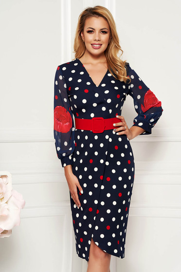 Rochie PrettyGirl albastra-inchis de zi midi tip creion din stofa usor elastica cu maneci din voal cu accesoriu tip curea