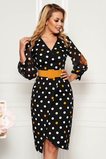 Rochie PrettyGirl neagra de zi midi tip creion din stofa usor elastica cu maneci din voal cu accesoriu tip curea
