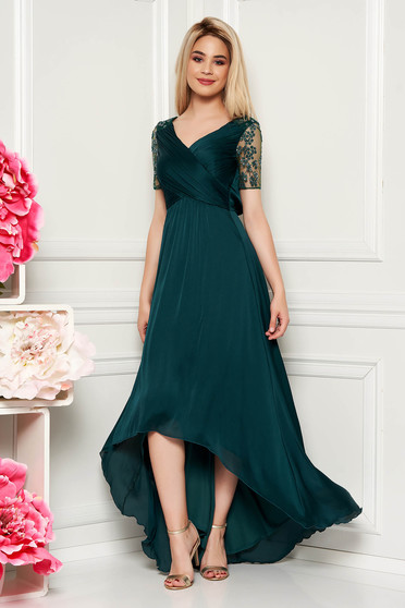 Rochie Artista verde-inchis de ocazie asimetrica din material subtire captusita pe interior cu aplicatii cu paiete
