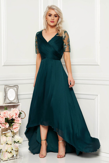 Rochie Artista verde-inchis de ocazie asimetrica din material subtire captusita pe interior cu aplicatii cu paiete