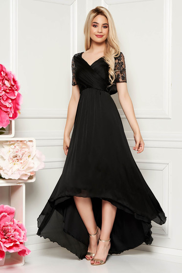 Rochie Artista neagra de ocazie asimetrica din material subtire captusita pe interior cu aplicatii cu paiete