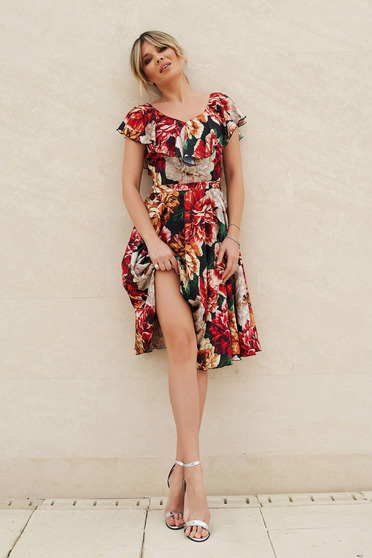 Rochie StarShinerS rosie eleganta in clos din satin cu imprimeu floral accesorizata cu cordon