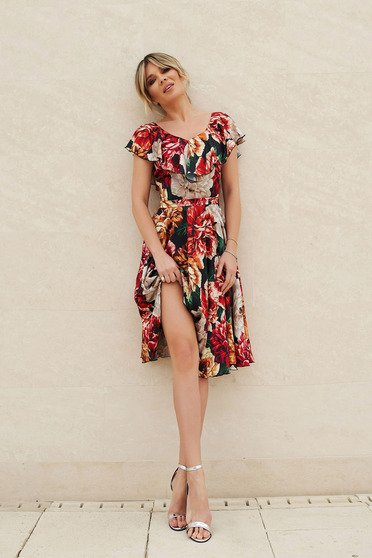 Rochie StarShinerS rosie eleganta in clos din satin cu imprimeu floral accesorizata cu cordon