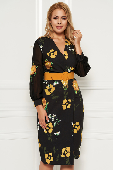 Rochie PrettyGirl neagra cu flori mustarii eleganta midi tip creion din stofa subtire usor elastica cu accesoriu tip curea
