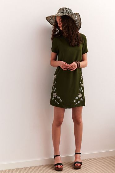 Rochie Top Secret verde casual de zi cu croi larg cu maneci scurte cu insertii de broderie